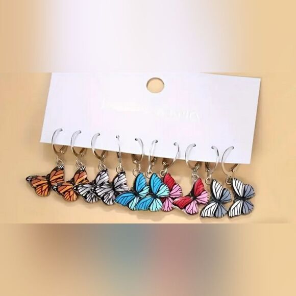 Set of 5 Pair of Zinc Alloy Butterfly Drop Earrings with Stainless Steel Posts - Picture 3 of 3
